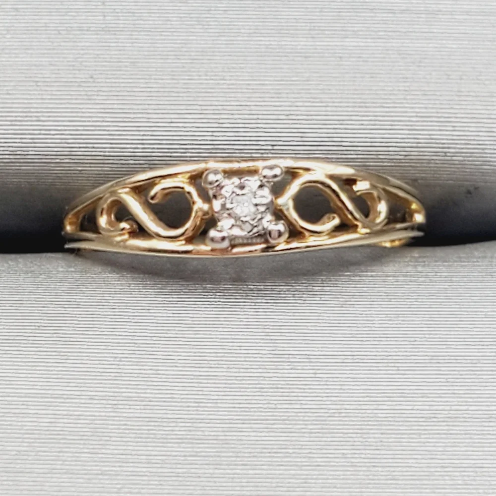 10K Yellow Gold Scroll Diamond Accent Ring - Tiny Baby Ring Knuckle Ring